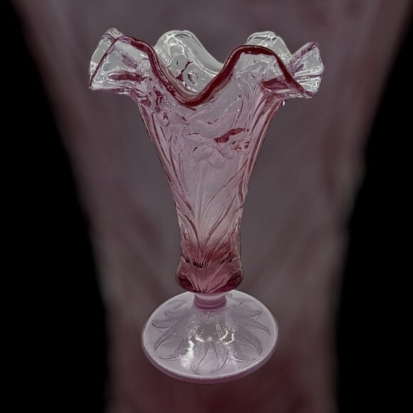 FENTON Vtg  Daffidil Floral Vase w/ Ruffled Edge & Footed Rose Pink Unique Color - Picture 5 of 16
